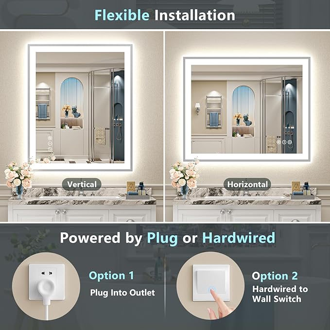 40x32 Brushed Nickel LED Bathroom Mirror with Lights, Sliver Framed Backlit and Front Lit Anti-Fog Lighted Vanity Mirrors for Bathroom Wall, Dimmable, 3 Colors, Memory, Tempered Glass, CRI＞90