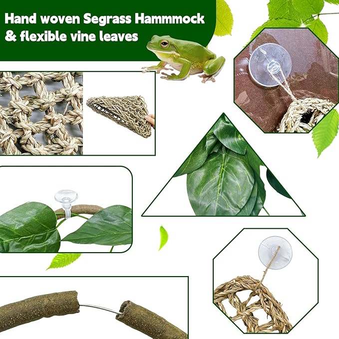 6PCS Bearded Dragon Hammock Lizard Natural Seagrass Hammock Reptile Jungle Climbing Vines and Leaves with Suction Cups Habitat Décor Tank Accessories for Hiding& Climbing Snake Gecko Bird Chameleon