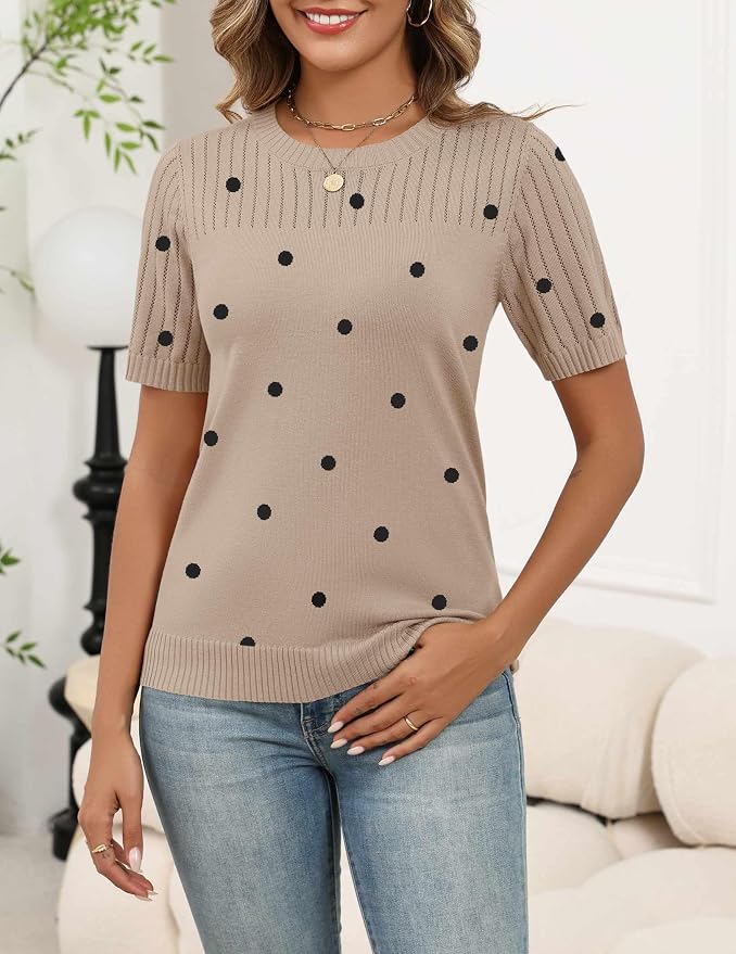 Zeagoo Women's Short Sleeve Sweater Tops 2026 Spring Summer Crew Neck Hollow Out Blouses Dressy Business Casual Outfits