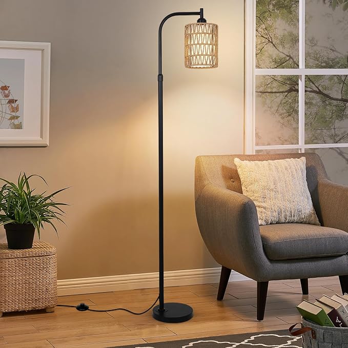 Floor Lamp with Remote, Dimmable Rattan Floor Lamp with LED Bulb, Industrial Black Tall Pole Lamp with Rattan & Fabric Shades, Boho Farmhouse Standing Lamps for Living Room Bedroom Office