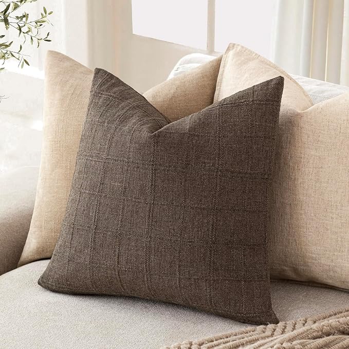 Foindtower Set of 2 Decorative Linen Check Throw Pillow Covers Neutral Farmhouse Vintage Cushion Covers Modern Boho Home Decor for Sofa Chair Couch Bedroom Living Room,16×16 Inch,Dark Brown