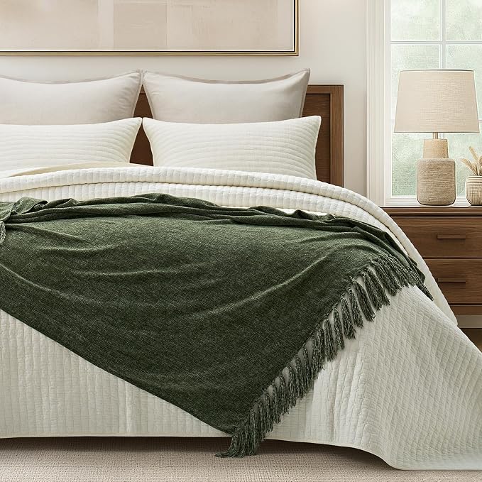 Chenille Knit Throw Blanket for Couch, 50"x60", Olive Green | Cozy Plush Fuzzy Knittd Throw with Tassels, Lightweight, Decorative, Farmhouse Decor, Ideal for Bed Sofa Gift, All Seasons