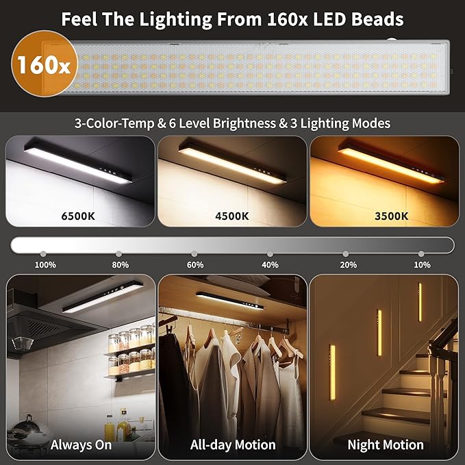 3Pack Touch Control Under Cabinet Lighting, 160LED Super Bright, 4000mAh Long-Lasting, Magnetic Rechargeable Motion Sensor Under Counter Lights for Kitchen, Closet, Remote, Dimmable, 3CCT丨Black