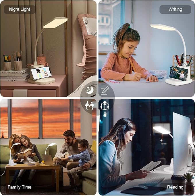 LED Desk Lamp with 10W Wireless Charging & Pen Holder, Snow White | CRI 95, 800LM, Stepless Dimming, 3 Modes, 360°Flexible Arm, Touch, Study Table Lamp for Home Office, Dorm Room, with Adapter