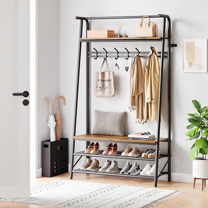 Multi-Functional Hall Tree Coat Rack with Bench & Shoe Storage – Freestanding Metal Frame, 5 Hooks, Clothes Rail – Ideal for Entryway, Hallway, Mudroom – Rustic Brown – 100 Single Row Hooks