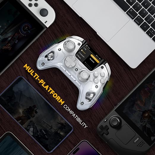 ManbaOne Interactive Screen Wireless Gaming Controller for PC/Switch/Switch 2/iOS/Android,Hall Effect Stick & Trigger,RGB Lighting,Remappable Buttons,1800mAh with Charging Dock (White) | for PC/Switch1/2/iOS/Android,Hall Effect Stick & Trigger,RGB Ligh...