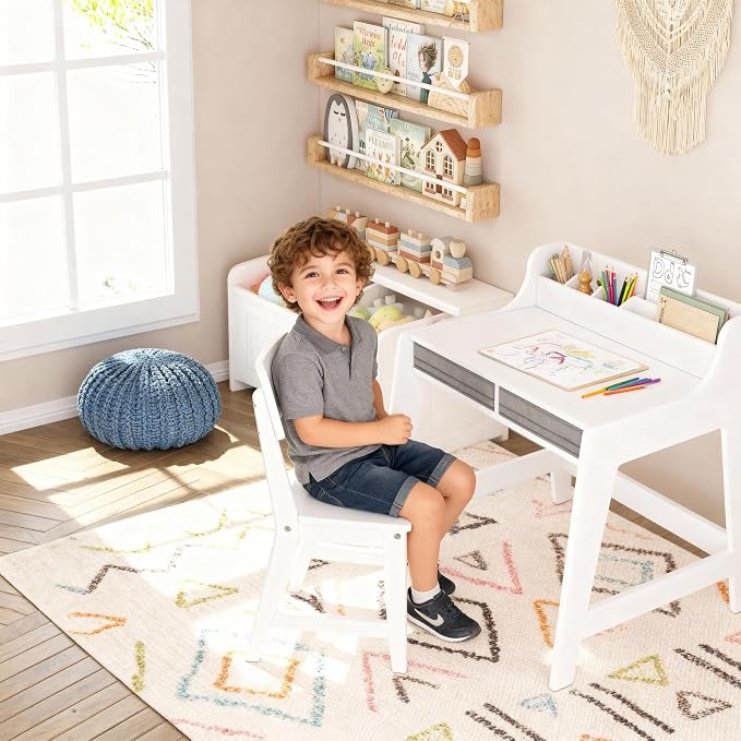 UTEX Wooden Kids Desk and Chair Set with 2 Fabrics Drawers for Study Room | Kids Study Desk with Stand-up Organizer, Water-based Paint, Student Writing Desk for Bedroom