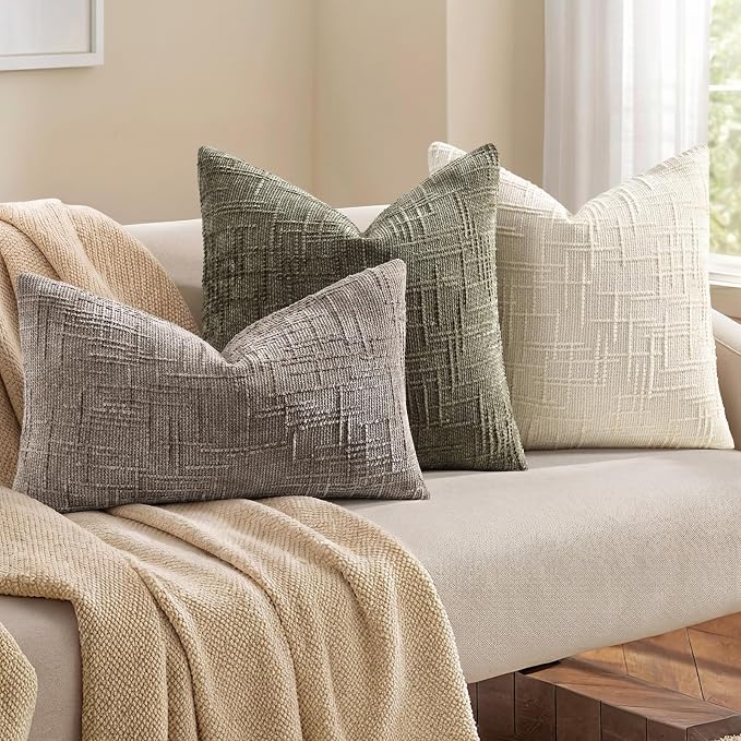 decorUhome Textured Chenille Throw Pillow Covers 12x20 Set of 2 Taupe | Fall Modern Farmhouse Soft Cozy Slubby Couch Pillow Cases Boho Decorative Pillow Cases for Bed Sofa Living Room Home Decor