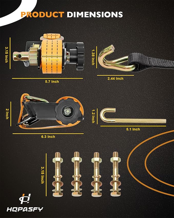 Ladder Rack Ratchet Straps, W/J-Hook (2PCS), 1.4" Black Square Tube Mount, 1.5" Wide x 7.5' Long, Orange Truck Rack Straps, 500 lbs Load Heavy Duty, Lumber Rack Ratchet Strap, Pipe/Roof Rack Strap