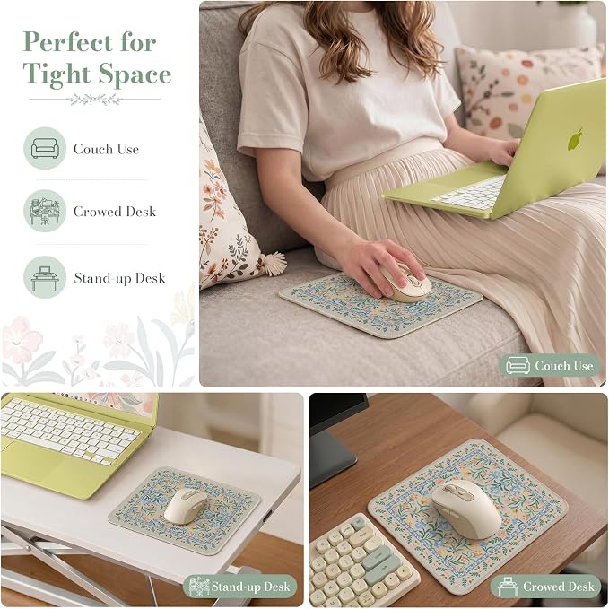 iCasso Aesthetic Small Mouse Pad, 9.5x7.9in,Home Office, Green Floral | Mini Portable Travel Mousepad, Anti-Slip and Comfortable Cloth Mouse Mat with Stitched Edges for Computer, Home