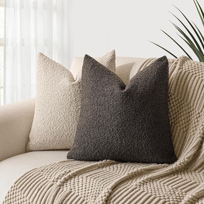 Foindtower Set of 2, Decorative Textured Boucle Throw Pillow Covers Accent Solid Pillow Cases Neutral Soft Cozy Couch Cushion Case for Chair Sofa Bedroom Living Room Home Decor 16 x 16 Inch Dark Brown