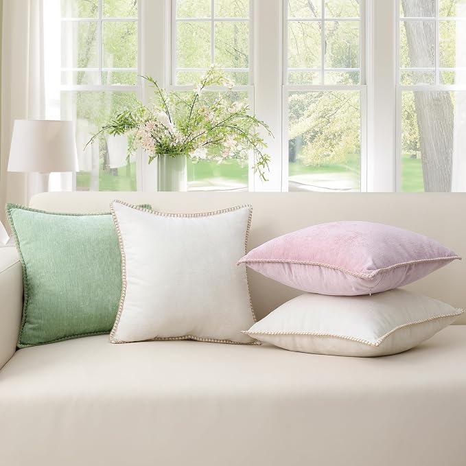decorUhome Soft Chenille Throw Pillow Covers 12x20 Set of 2 Cream White | Fall Textured Decorative Throw Pillow Cases Stitched Edge Modern Farmhouse Luxury Boho Velvet for Couch Sofa Bed Home Decor