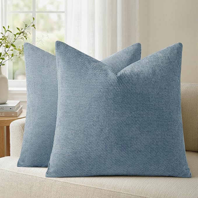 a moment Pack of 2 Decorative Chenille Throw Pillow Covers with Twill Cushion Covers for Sofa Living Room Couch Bed 24x24 Inch Coastal Blue