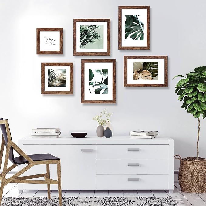 Hongkee 10x10 Picture Frame Set of 4, Made of Glass and Rustic Brown Wooden Frame - Display Picture 8x8 with Mat or 10 x 10 Without Mat, 10 by 10 Photo for Wall or Tabletop