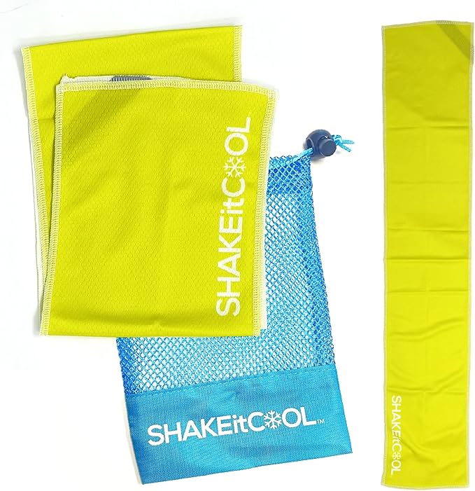 SHAKEitCOOL Original Cooling Towel – Be Cool in Style - Heat Relief, Soft, Lightweight, Sun Protection, Easy Clean - Perfect for Biking, Running, Yoga, Gym, Gardening - Safety Yellow