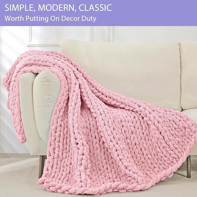 Bigacogo Chunky Knit Throw Blanket for Couch, 40x60 inches, Blush Pink | Hand Knit with Jumbo Chenille, Soft Breathable Cable Knit for Sofa Bed Living Room, Machine Washable, Gift for Mom Friend