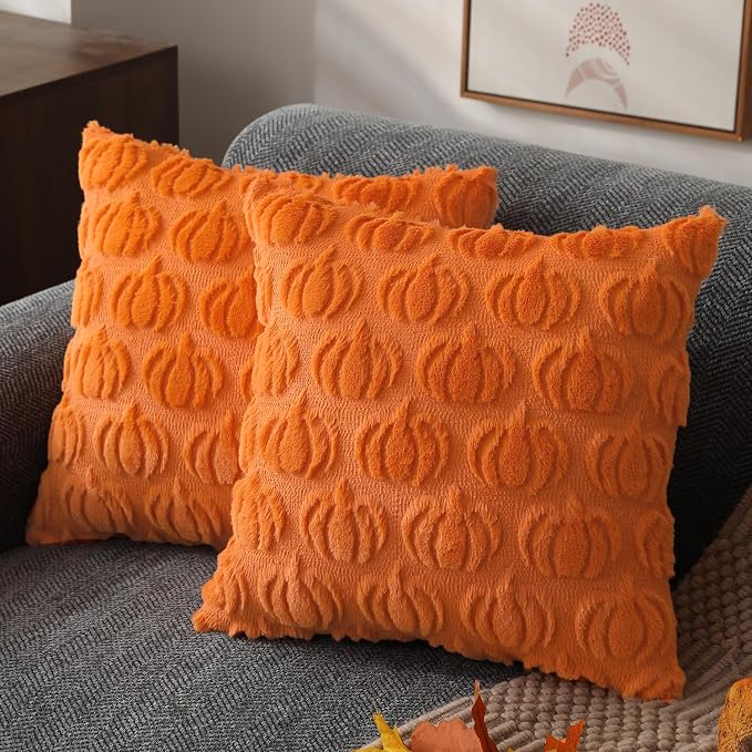 DFXSZ Fall Pillow Covers 18x18 2Pcs Orange Pumpkin Fall Decoration for Home | Fall decor Set of 2 Throw Pillow Cases Soft Plush Faux Fur Wool Couch Cushion for Chair Sofa Bedroom Living Room Home Decor