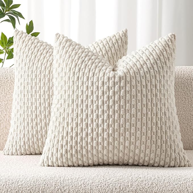 MIULEE Euro Sham Decorative Throw Pillow Covers 22x22 Cream White Corduroy | Textured Striped Pack of 2 Striped Pillow Covers Modern Farmhouse Home Decor for Couch Bed Sofa Living Room