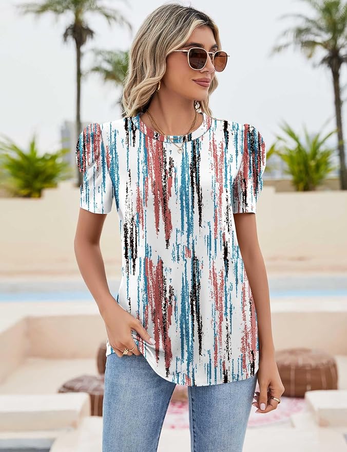 Ivicoer Puff Short Sleeve Shirt for Women Eyelet Tops Summer Crewneck Blouse Loose Fit S-XXL