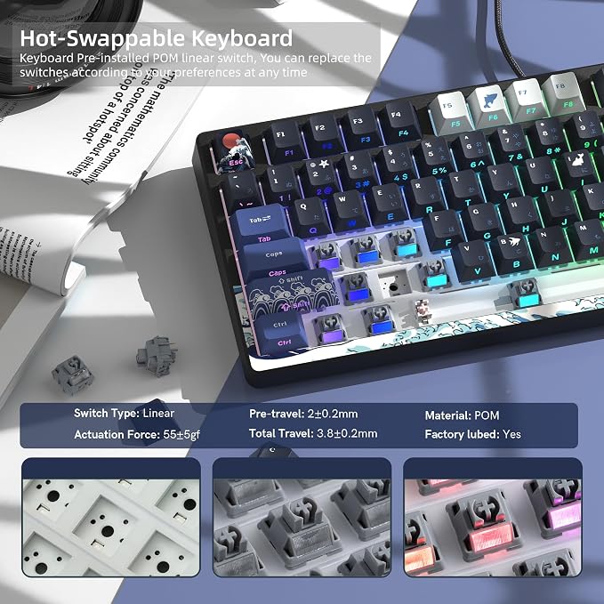 Womier SK80 75% Keyboard with Color Multimedia Display Gaming Keyboard | Creamy Sound Mechanical Wired Hot Swappable Gasket RGB Custom Key board, Pre-lubed Stabilizer for Mac/Win, Black Kanagawa