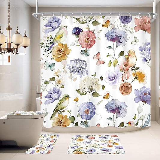 4 PCS Purple Floral Birds Bathroom Set with Shower Curtain and Rugs 72Wx72H Inch Classical Watercolor Non-Slip Bath Rug Toilet Lid Cover and U Shape Mat Accessories 12 Hooks Bathoom Decor