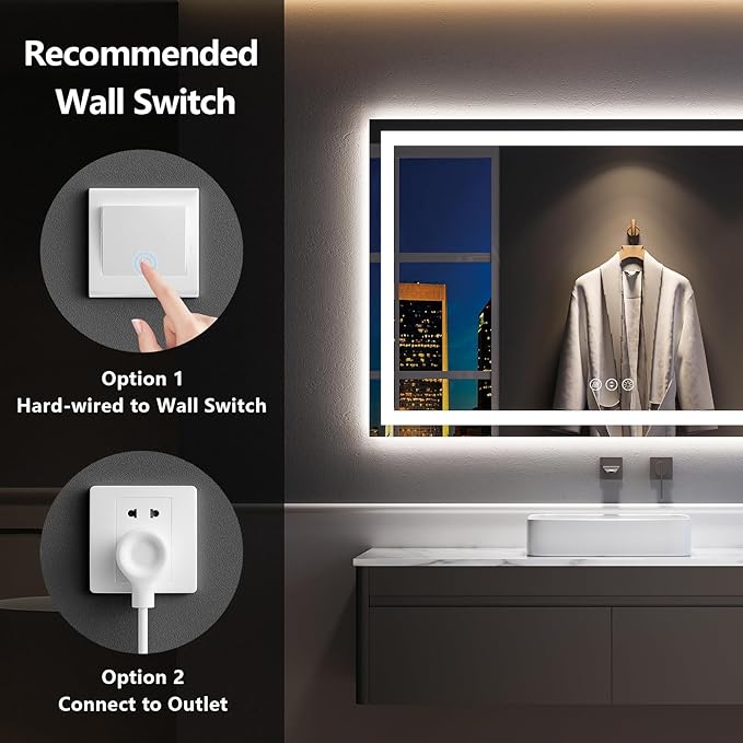 60x40 Inch LED Bathroom Mirror with Lights Front and Backlit Lighted Vanity Mirror for Bathroom Wall with 3 Colors Dimmable Anti-Fog Memory Shatter-Proof IP54 Waterproof Horizontal/Vertical