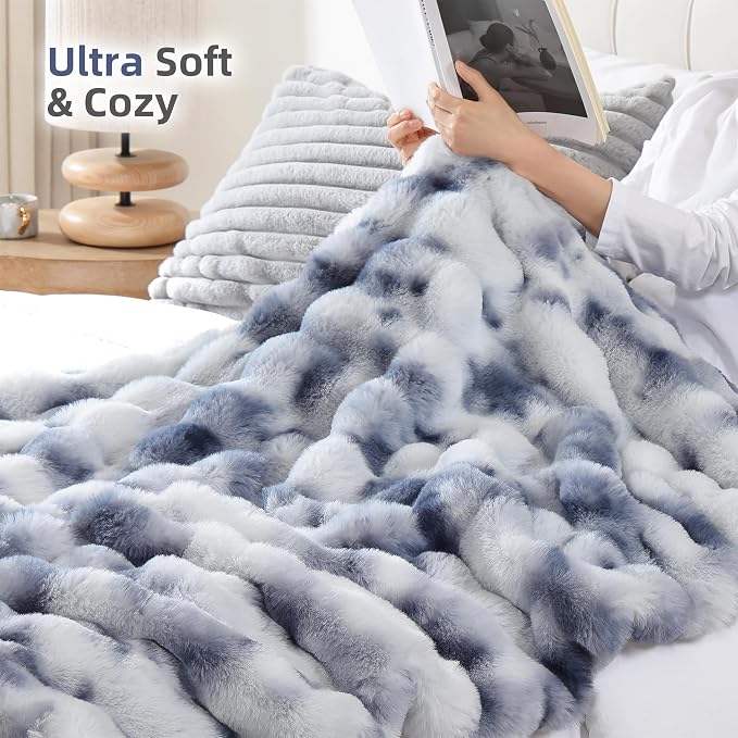 Faux Fur Throw for Couch - Tie-dye Blue Bubble Blanket 60"x80" | Fluffy Plush Fuzzy Throw for Sofa & Bed, Super Soft Cozy Comfrt Blanket, Luxury Aesthetic Blue Decor Gift for Women