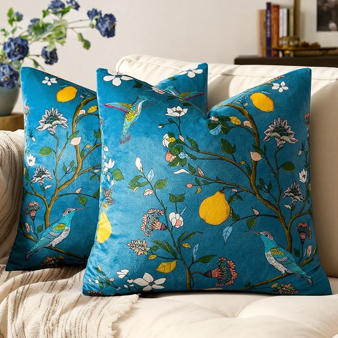 MUSSEL Peacock Blue Velvet Floral Decorative 20x20 Pillow Covers Set of 2 | Durable Sturdy,Botanical Printed Pattern,Throw Pillows Case,Square,Colorful Mid Century Cushion Covers,Sofa Couch Decor