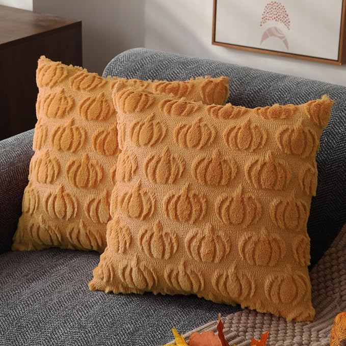 DFXSZ Fall Pillow Covers 12x20 2Pcs Light Orange Pumpkin Fall Decorations | Fall decor Set of 2 Throw Pillow Cases Soft Plush Faux Fur Wool Couch Cushion for Chair Sofa Bedroom Living Room Home Decor