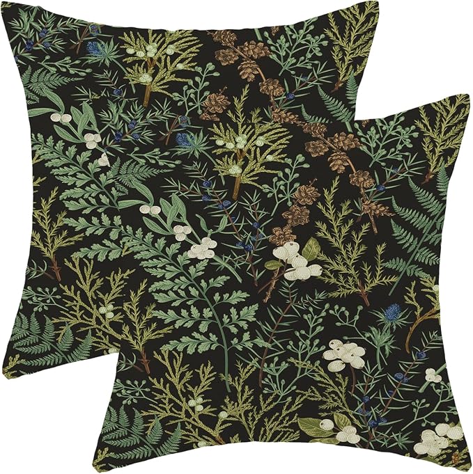 Spring Pillow Covers 22x22 Inch Set of 2,Black Sage Green Wild Flower Plant Throw Pillows Case,Seasonal Vintage Floral Outdoor Decorative Linen Farmhouse Decor Cushion Covers for Sofa Bed Couch