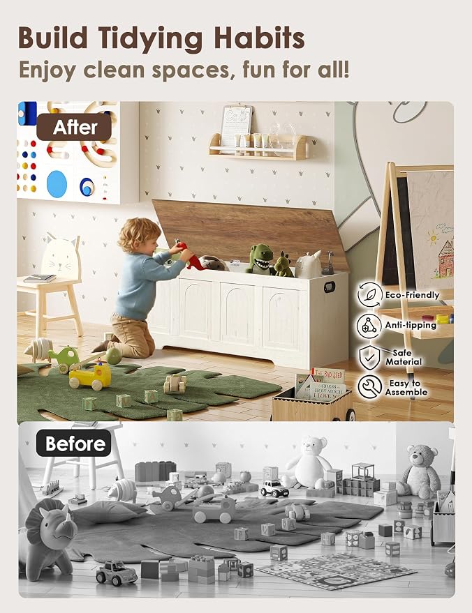 Storage Chest, Wooden Toy Box, Honey Brown & Rustic White 50.0" L | Extra Large Storage Bench, 2 Soft-close Hinges, Finger-safe Flip-Top Lid, Easy Assembly, Farmhouse Trunk, Living Room/Bedroom