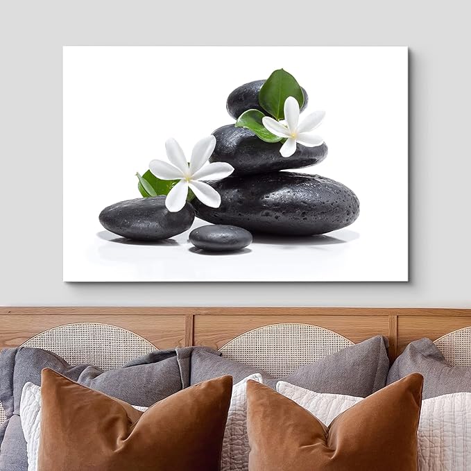wall26 Canvas Print Wall Art White Daisy Flower Black Ocean Beach Zen Pebbles Nature Wilderness Photography Realism Rustic Landscape Colorful Multicolor for Living Room, Bedroom, Office - 32"x48"