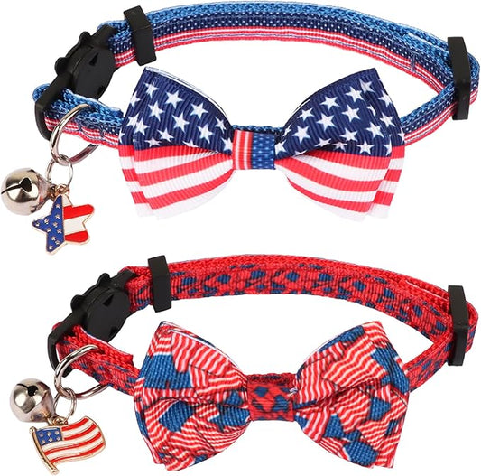 ADOGGYGO American Flag Cat Collars with Bow Bell, Breakaway Pet Bowtie Collar Red Blue Star Flag 4th of July Collars for Girl Boy Cats Kittens