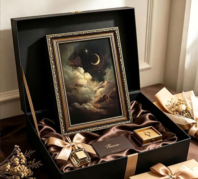 Vintage Gold Framed Crescent Moon Cloud Wall Art, Dark Academia Celestial Starry Sky Oil Painting Print, Antique Ornate Mystical Night Sky Wall Decor, Gothic Cottagecore Home Decor, 9x11in