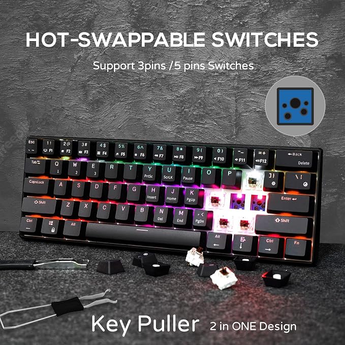 RK ROYAL KLUDGE RK61 60% Wireless Mechanical Keyboard w/Coiled Cable, Black | RGB Gaming Keyboard with Bluetooth/2.4G/Wired, Hot Swappable 61 Keys Ultra-Compact for Win/Mac/PC Game, Tactile Brown Switch