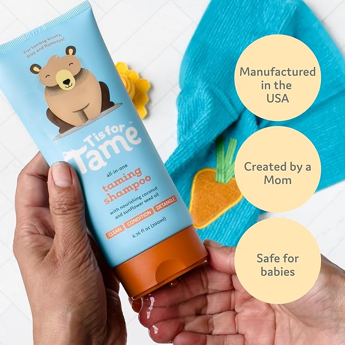 T is for Tame - 3-in-1 Baby Shampoo, Conditioner & Detangler for Kids – Tear-Free, Hypoallergenic, Cleanses, Conditions, Detangles with Plant-Based Ingredients - 6.76 fl oz