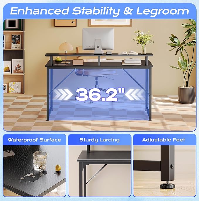 PRAISUN 40 inch Gaming Desk, LED & Power Outlets, Monitor Stand, Black | Sturdy PC Desk for Home Office, Study & Work, LED Lights, 4 AC Outlets & USB-C Charging Station