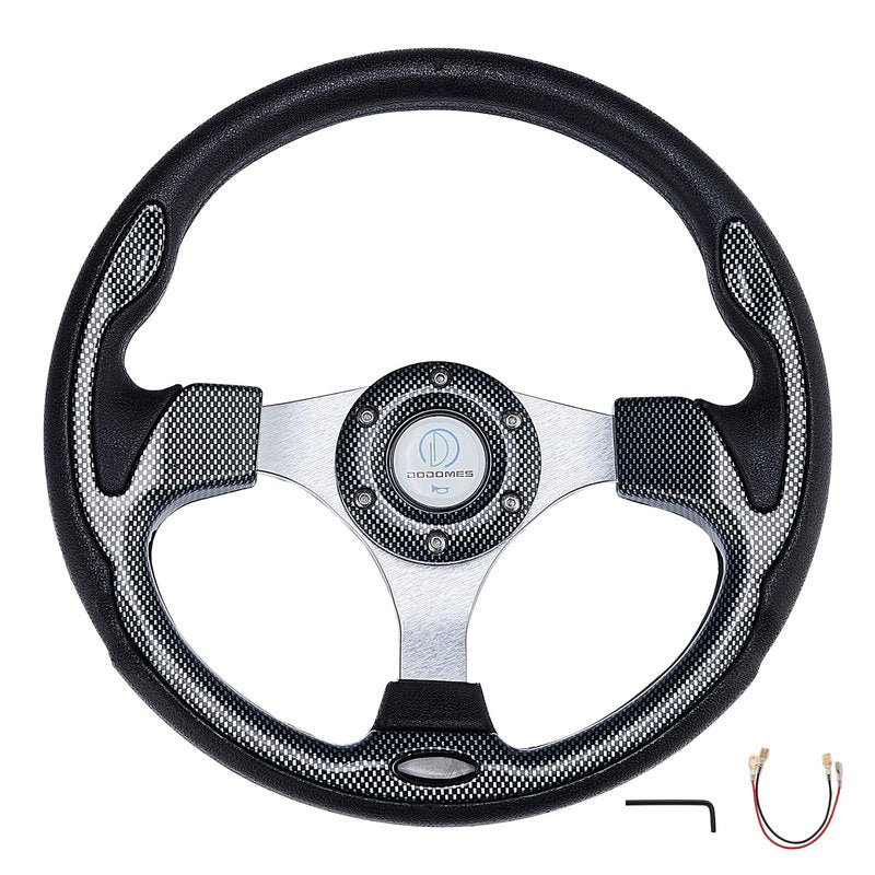 Universal Racing Steering Wheel for Golf Cart, EZGO Yamaha Club Car DS & Precedent, Aluminum with Horn Button for Car, 12.5”/320mm 6 Bolts Grip Vinyl Leather, black & carbon fiber