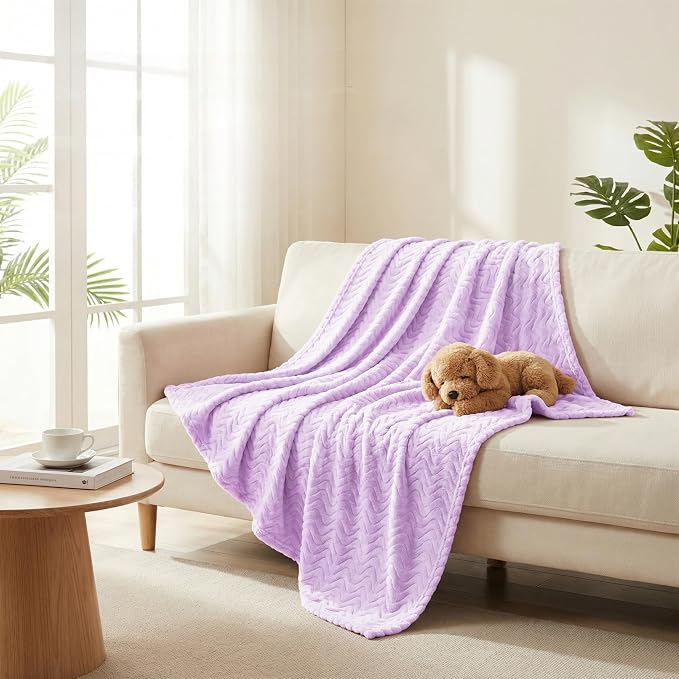 Exclusivo Mezcla Soft Fleece Blanket Queen Size for Bed, Sofa, Lilac Purple | 90"x90" Breathable Lightweight Flannel Blanket for Summer, Plush Cozy Jacquard Wave for Home Decor
