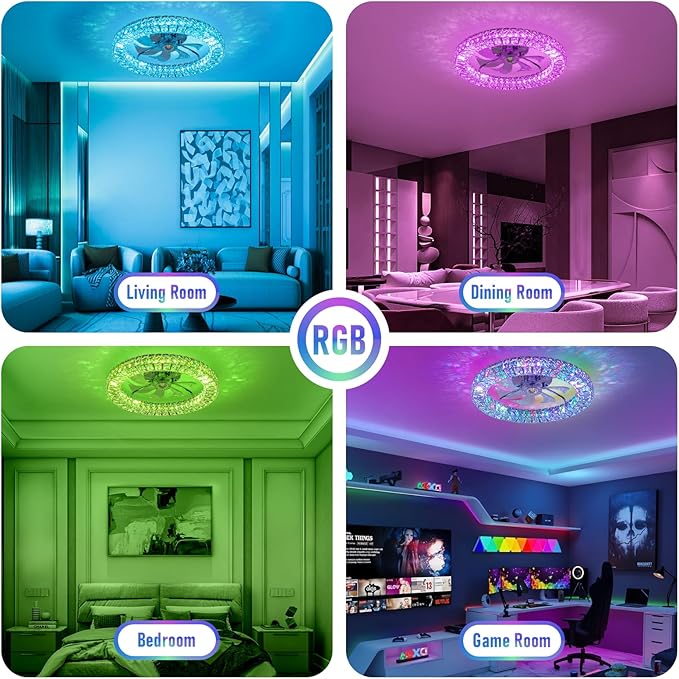 RGB Ceiling Fans with Lights, 22" Low Profile Ceiling Fan with Lights Remote for Bedroom,Smart Bladeless LED Fan Light,Nickel Modern Flush Mount Ceiling Fan Light with Remote/APP Control