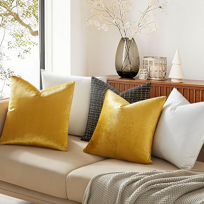JUSPURBET 18x18 Throw Pillow Covers Set of 2 Decorative Pillow Covers for Couch Sofa Bed Cozy Velvet Cushion Covers Cases with Invisible Zipper for Living Room Home Decor Golden