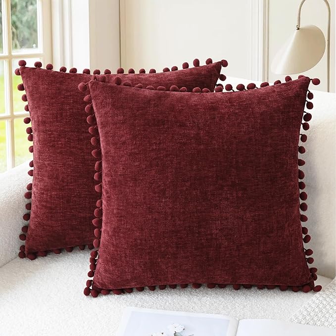 CaliTime Decorative Couch Throw Pillow Covers 16 X 16 Inches Burgundy | Pack of 2, Cozy Chenille Cushion Cases, with Pom Poms for Sofa Bed Living Room Farmhouse Home