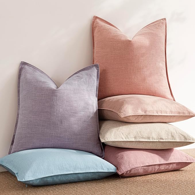 Foindtower Pack of 2, Decorative Linen Solid Throw Pillow Covers Soft Accent Euro Cushion Case Boho Farmhouse Pillowcase for Chair Couch Sofa Bedroom Living Room Home Decor 22 x 22 Inch Coral Pink