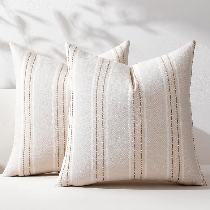 Hckot Tan Brown Throw Pillow Covers 20x20 Set of 2 Striped Pillow Covers | Farmhouse Decorative Pillows Textured Linen Square Cushion Covers for Sofa Couch Bed Living Room Decor(Tan)