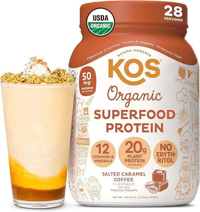 KOS Organic Vegan Protein Powder with 50mg Caffeine, Salted Caramel Coffee - Pea Protein Blend, Plant Based Superfood Rich in Vitamins & Minerals - Meal Replacement for Women & Men, 28 Servings