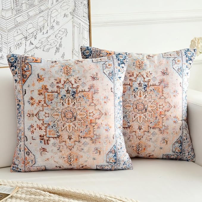 Boho Throw Pillow Covers 20x20 inch Set of 2,Boho Vintage Carpet Pattern Antique Ethnic Decor Double Sided Pattern Cushion Cover Soft Pillow Case Living Sofa Room Bed Square Pillow Cover