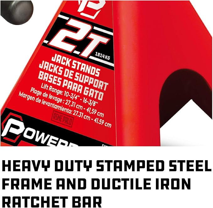 Powerbuilt 2 Ton Ratchet Jack Stand Pair, 4000 Pound 2-Piece Heavy Duty Steel Stands, Wide Angle Stability, Adjustable Height - Red 640399