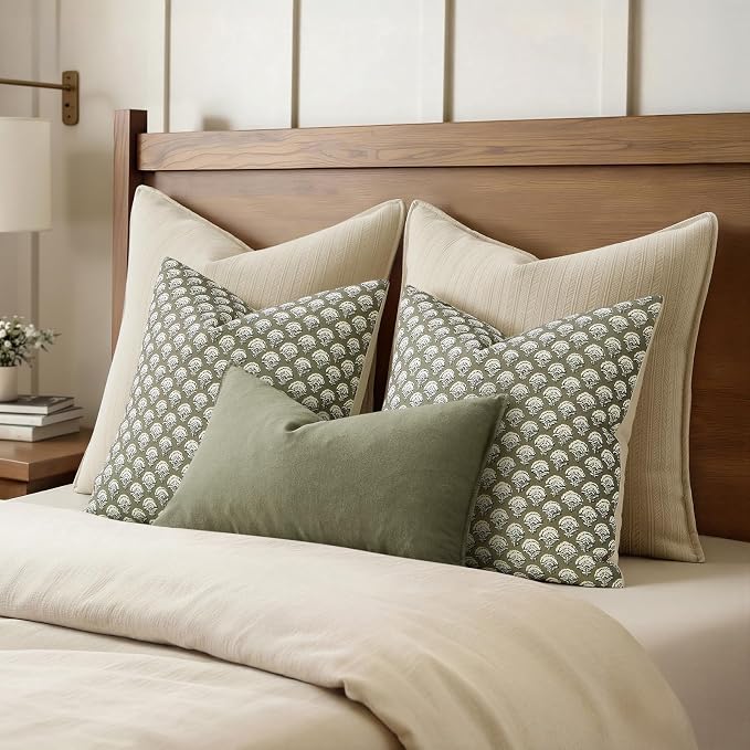 MIULEE Floral Print Decorative Euro Pillow Covers 24x24, Sage Green | Vintage Boho Farmhouse Modern Home Decor, Set of 2, Block Print Cushion Covers for Couch Sofa Bed Living Room
