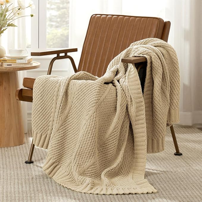 Knit Throw Blanket, Soft Chenille Cozy Breathable Chevron Chunky Decorative Blanket for Couch, Bed & Sofa, French-Inspired Lightweight Warm Gift for Women, Beige, 50"x60"