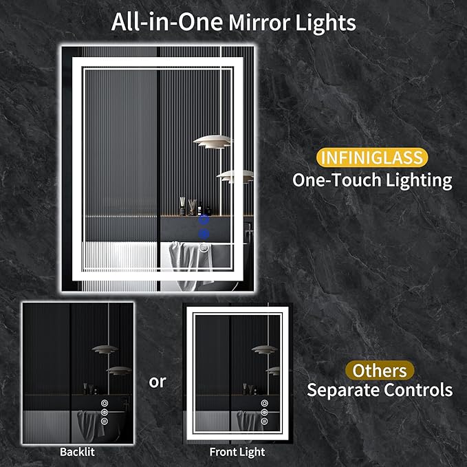 32"x28" LED Bathroom Mirror with Anti-Fog, Stepless Dimmable Lights, 3 Color Modes, Shatter-Proof Tempered Glass,Waterproof Design
